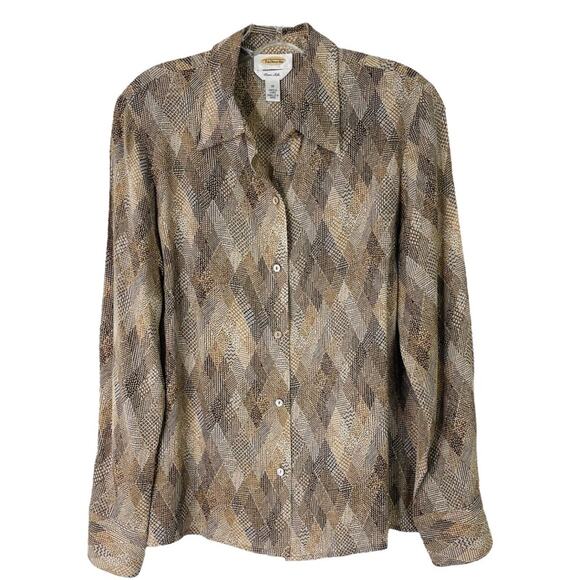 Vintage Talbots tan cream silk mixed print office preppy button front top 10 - Picture 1 of 6